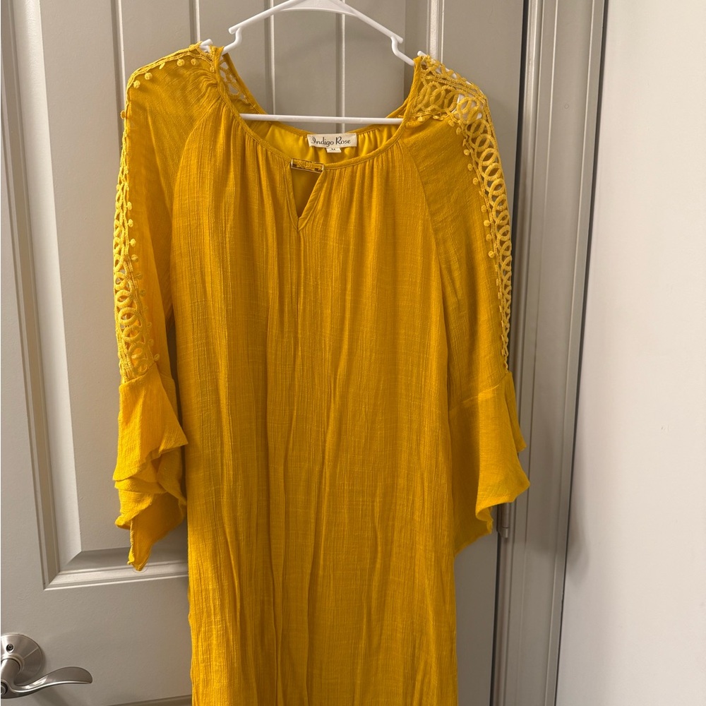 Boho Mustard Yellow Tunic Dress with Crochet Detail